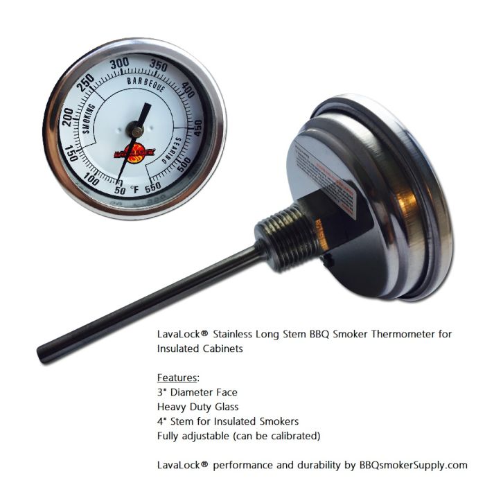 LavaLock® 3" face 4" stem INSULATED cabinet bbq smoker thermometer