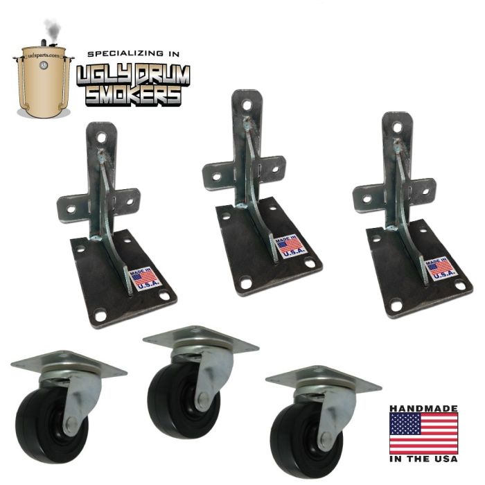 Wheel Kit for Ugly Drum Smokers - Heavy Duty -complete w/ 3" swivel casters & caster mounts