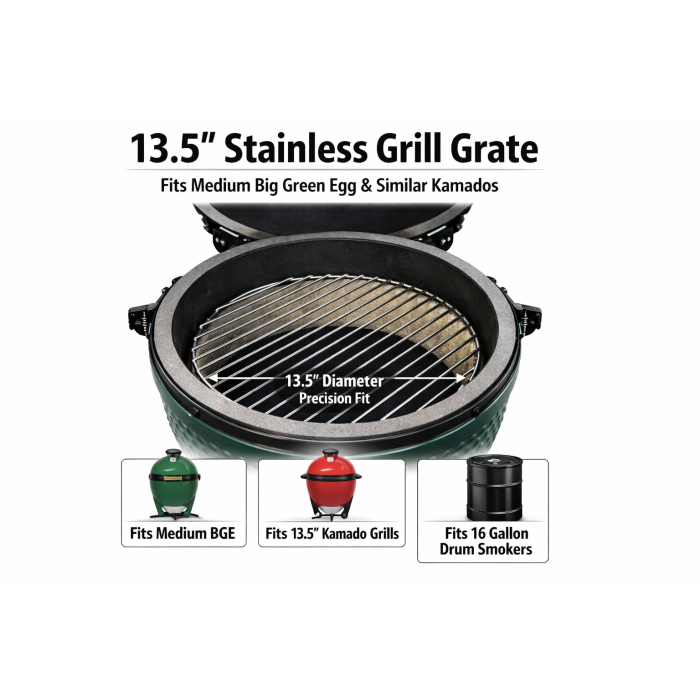 13.5 inch Cooking Grate Compatible with Medium Big Green Egg & Kamado or 16 gal drum- Stainless